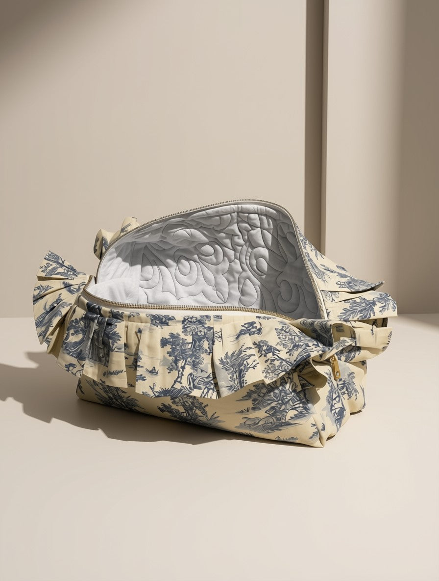 Trousse de toilette XL – Toile bleue et blanche à volant froncé, grande capacité