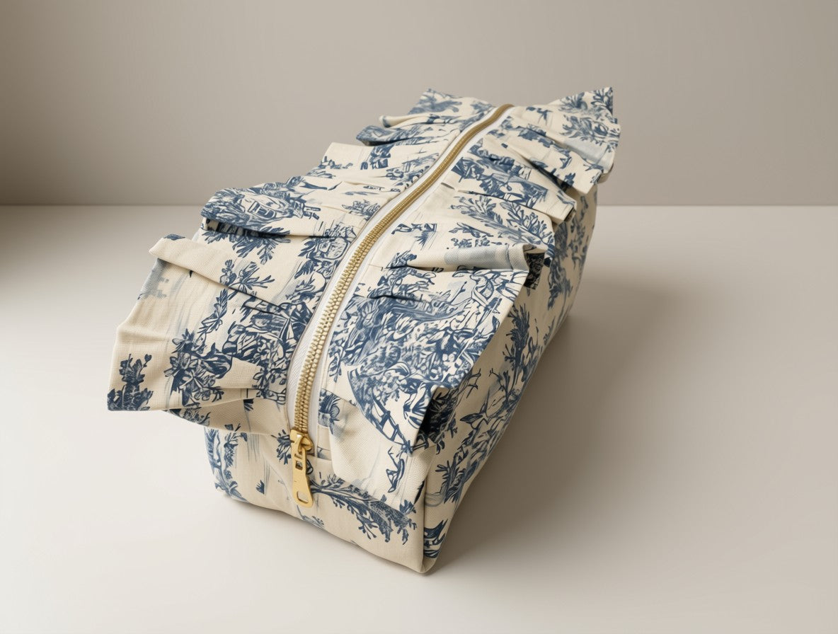 Trousse de toilette XL – Toile bleue et blanche à volant froncé, grande capacité