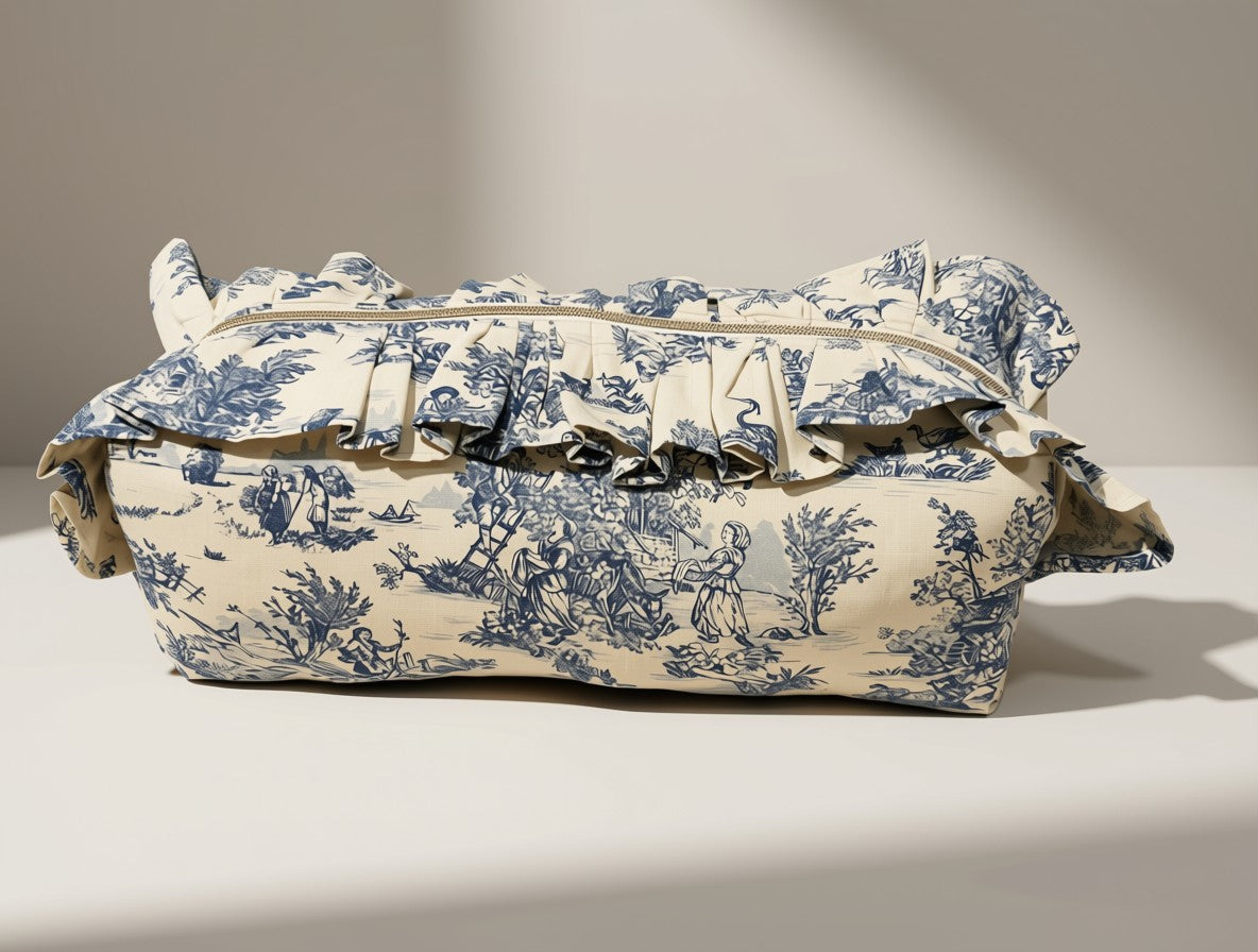 Trousse de toilette XL – Toile bleue et blanche à volant froncé, grande capacité