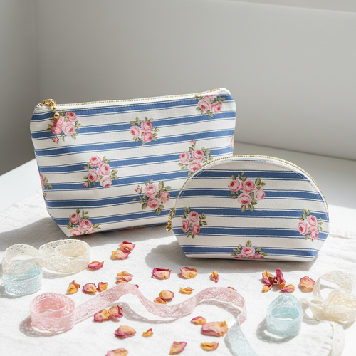 Set 2 trousses assorties rayures bleues et bouquets de roses – style romantique champêtre