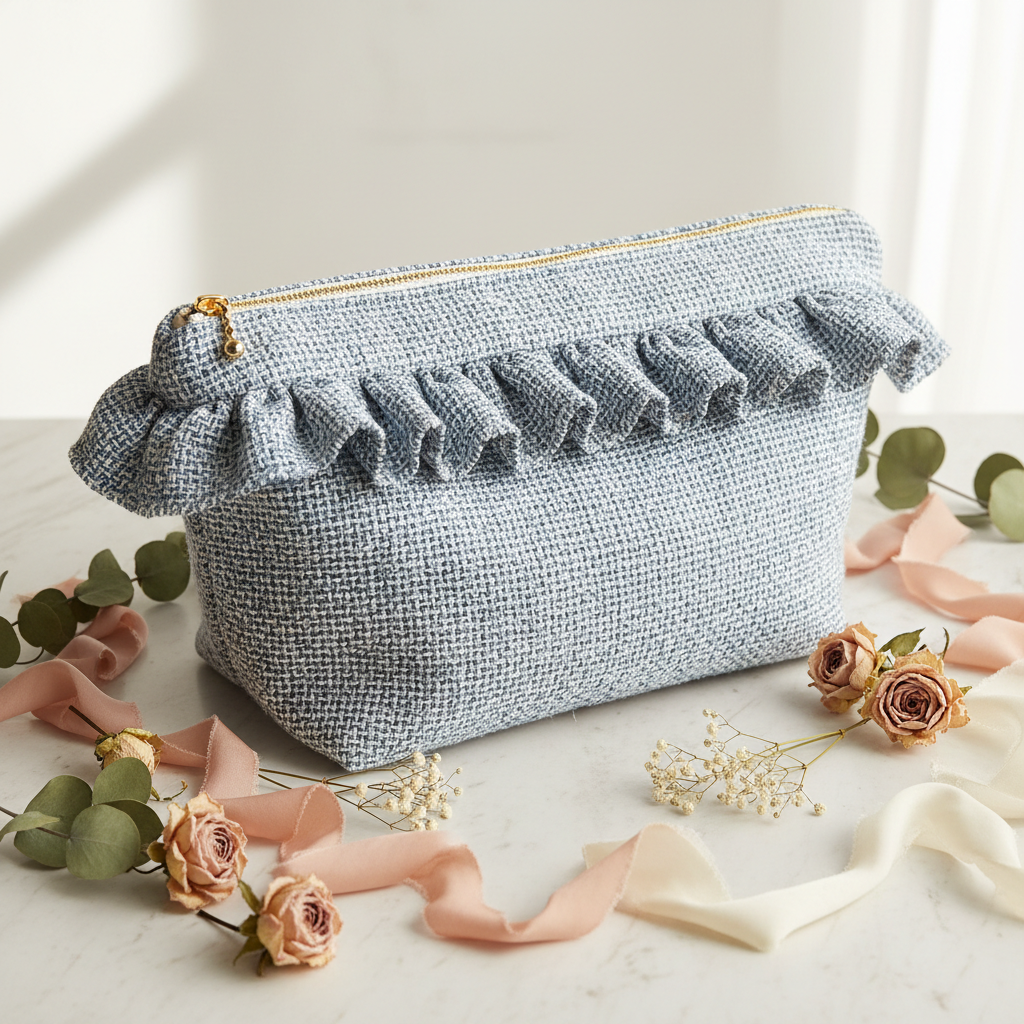 Trousse de toilette XL toile bleue à volant froncé et nœud – fermeture dorée