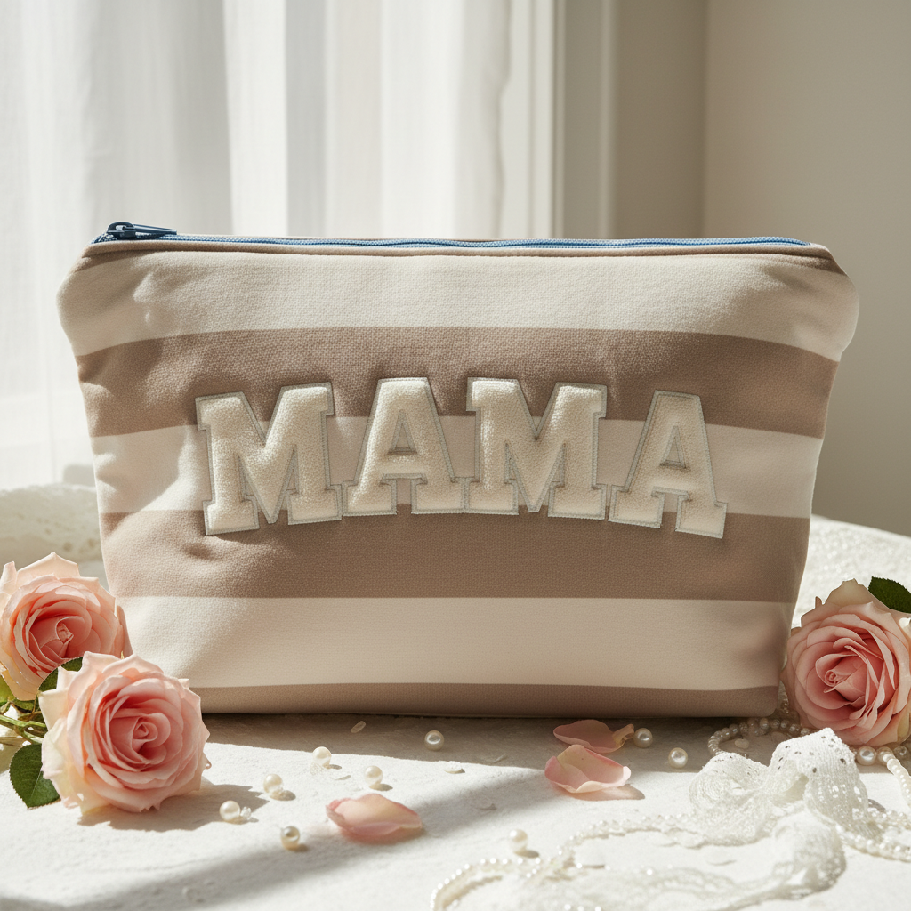 Trousse de toilette brodée MAMA – Tissu rayé beige et taupe, grande capacité