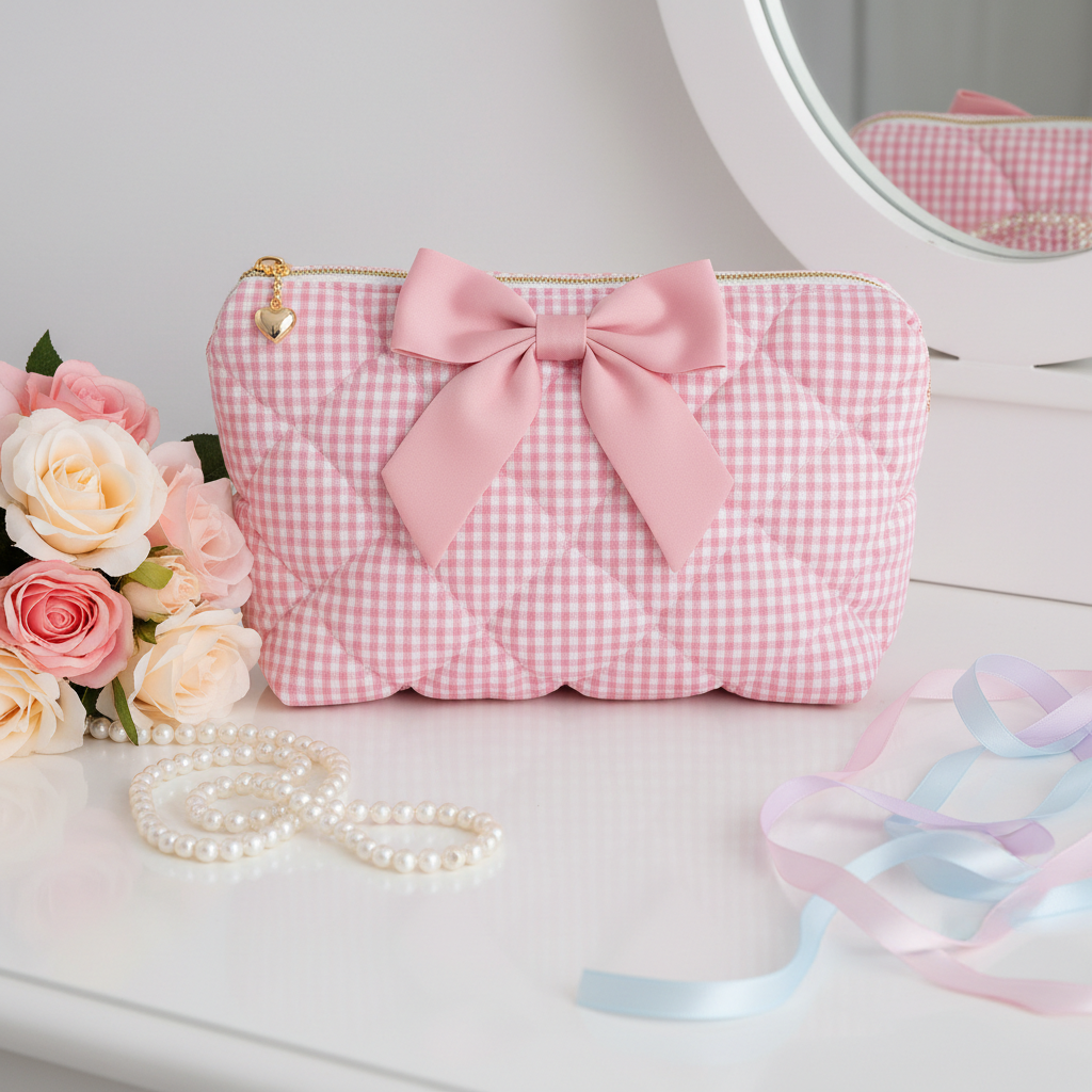 Trousse de maquillage vichy rose matelassée avec nœud satin et fermeture dorée